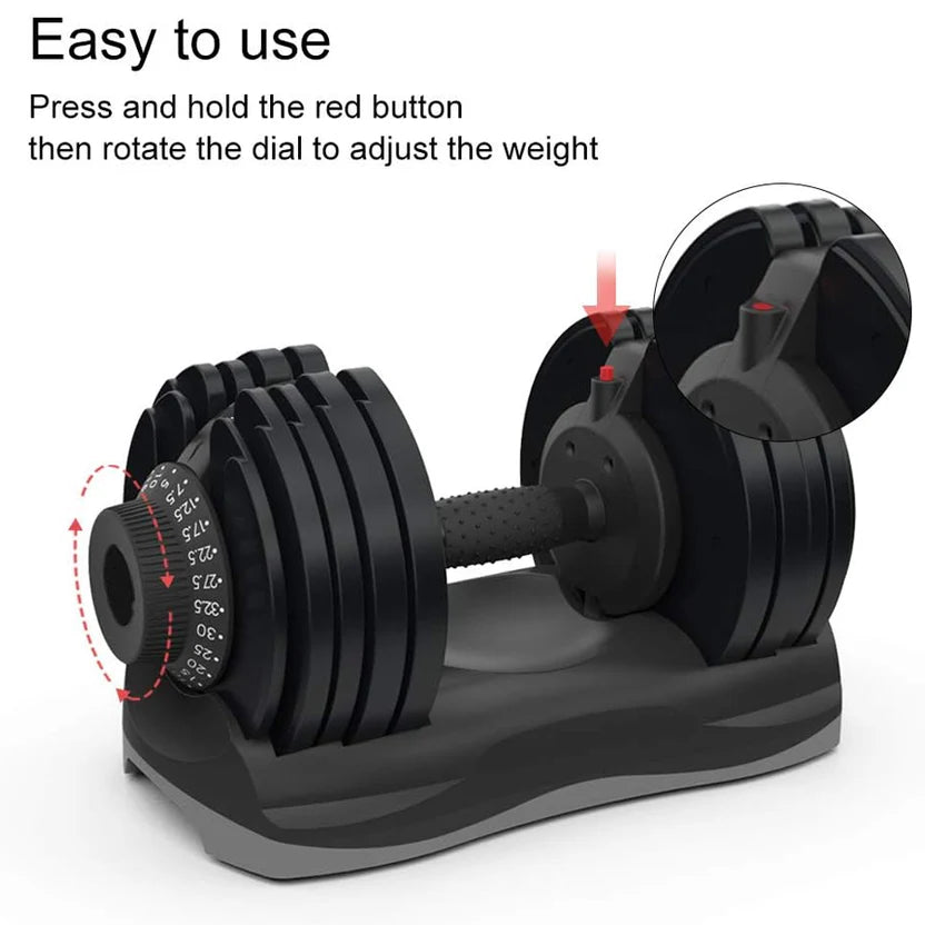 Pair of adjustable dumbbells with instructions on how to use them.