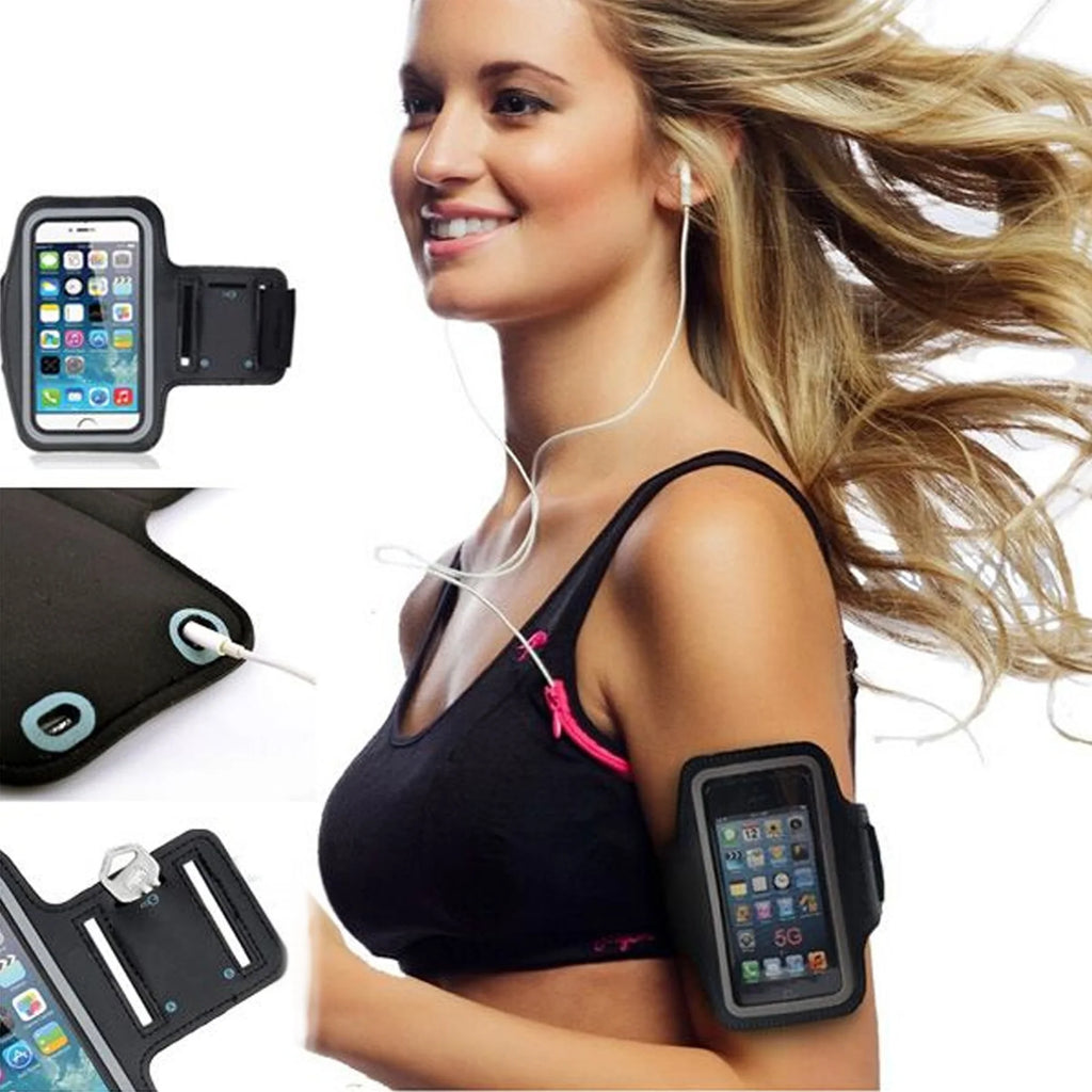 Woman exercising with a phone armband and smartphone displayed.