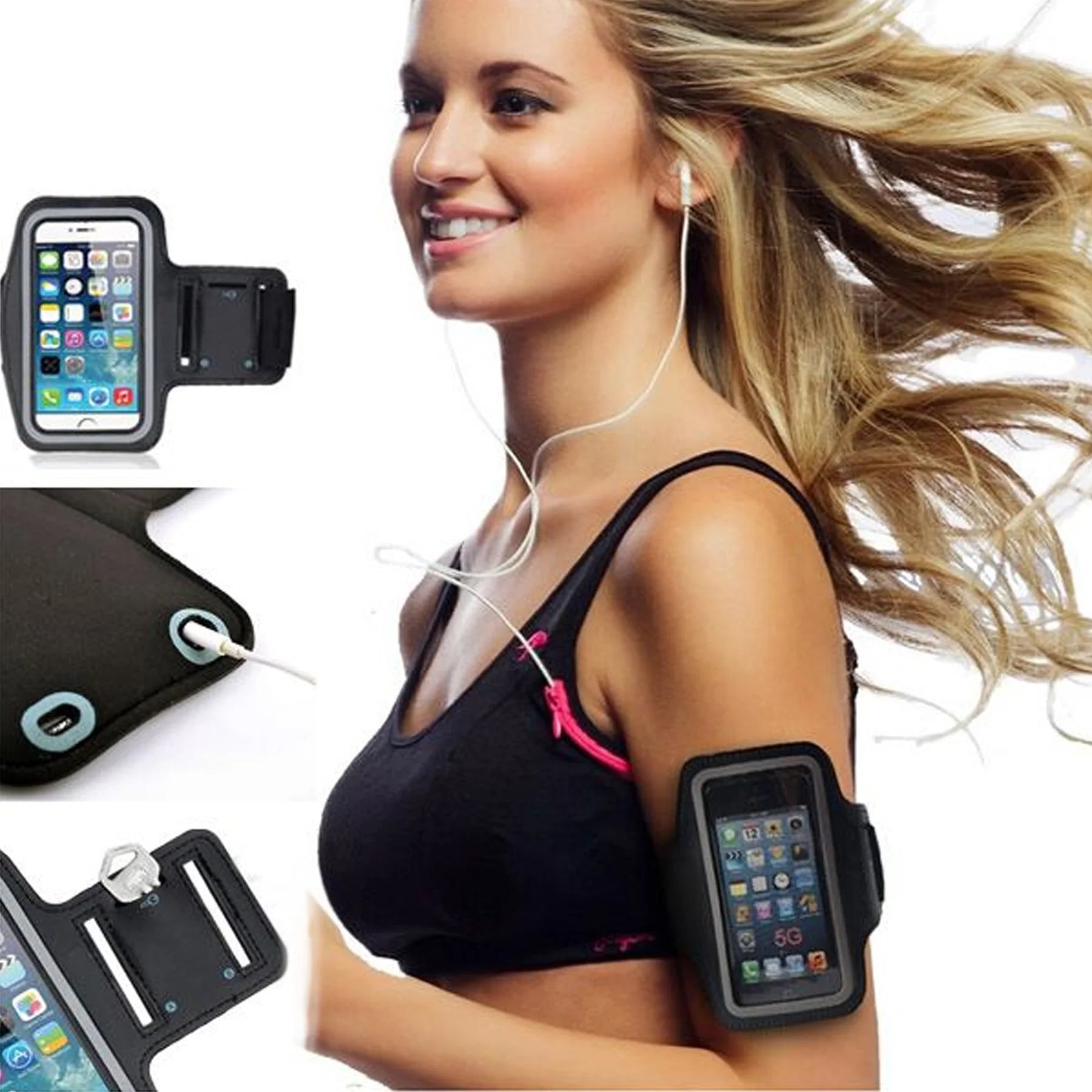 Woman exercising with a phone armband and smartphone displayed.