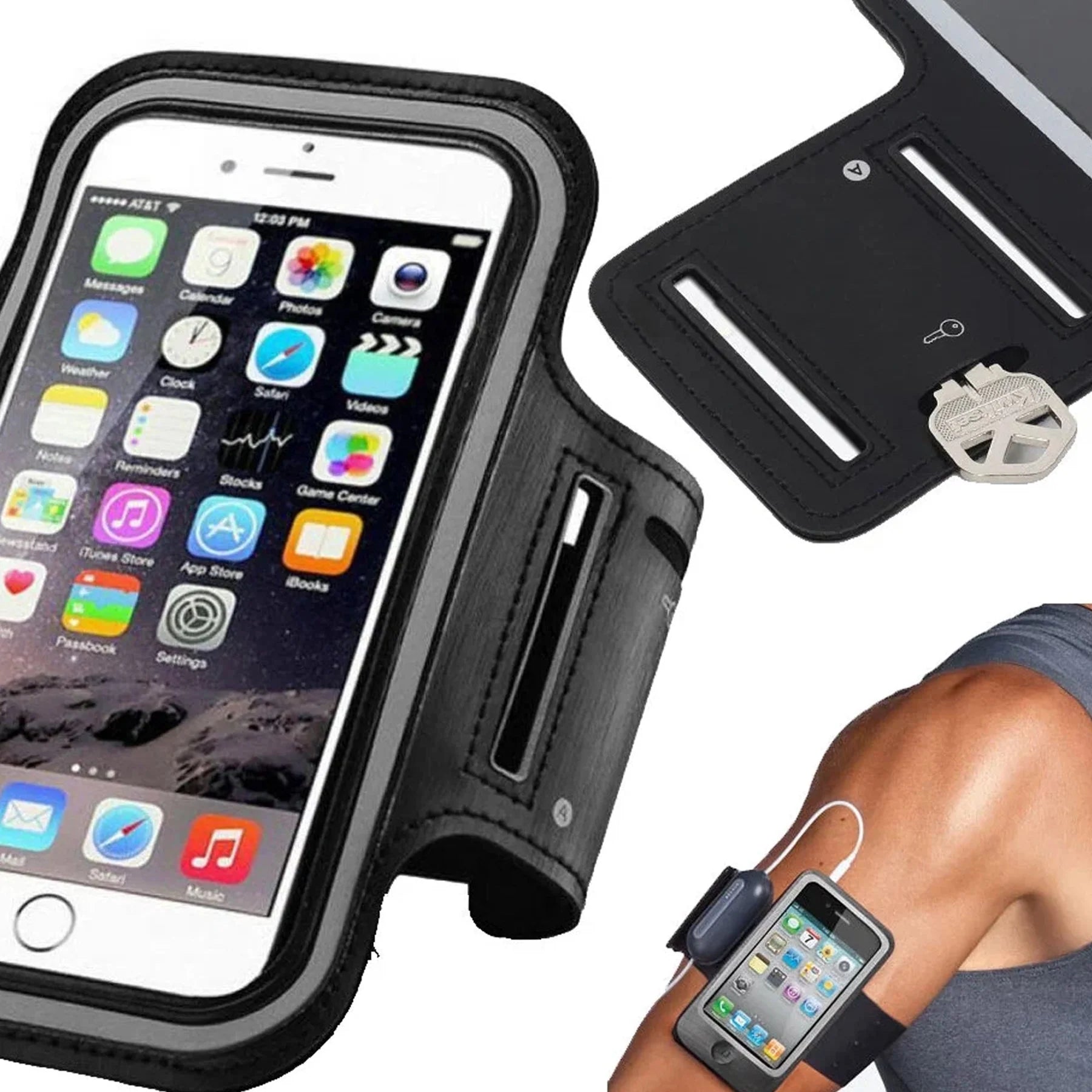 Black phone armband with smartphone displaying app icons, worn by a person.