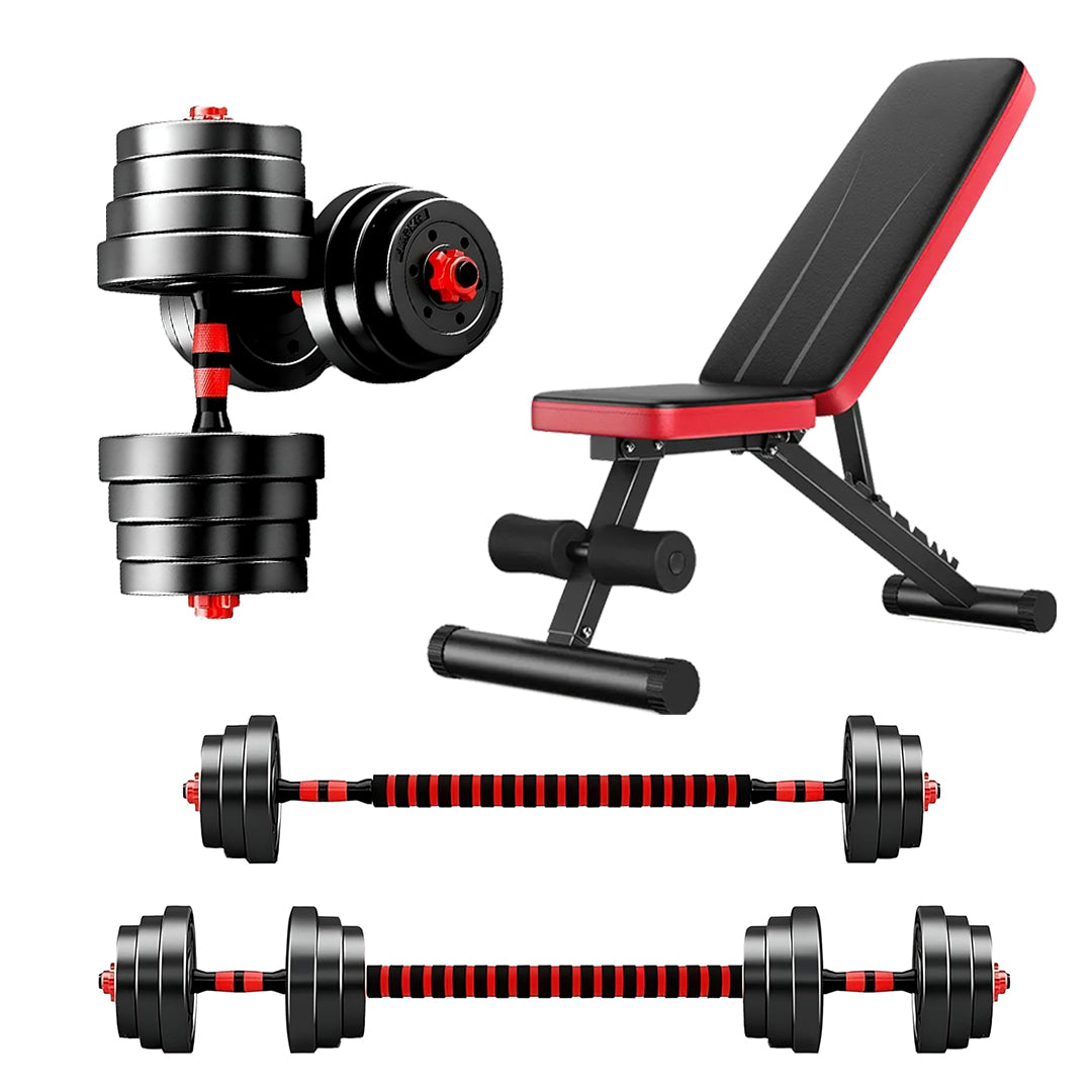 Multi-Weight Adjustable Dumbbell & Barbell Kit – 20/25/30 kg Vinyl-Coated Plates, Convertible Handle, Quiet Home Workout Set for Compact Fitness Spaces