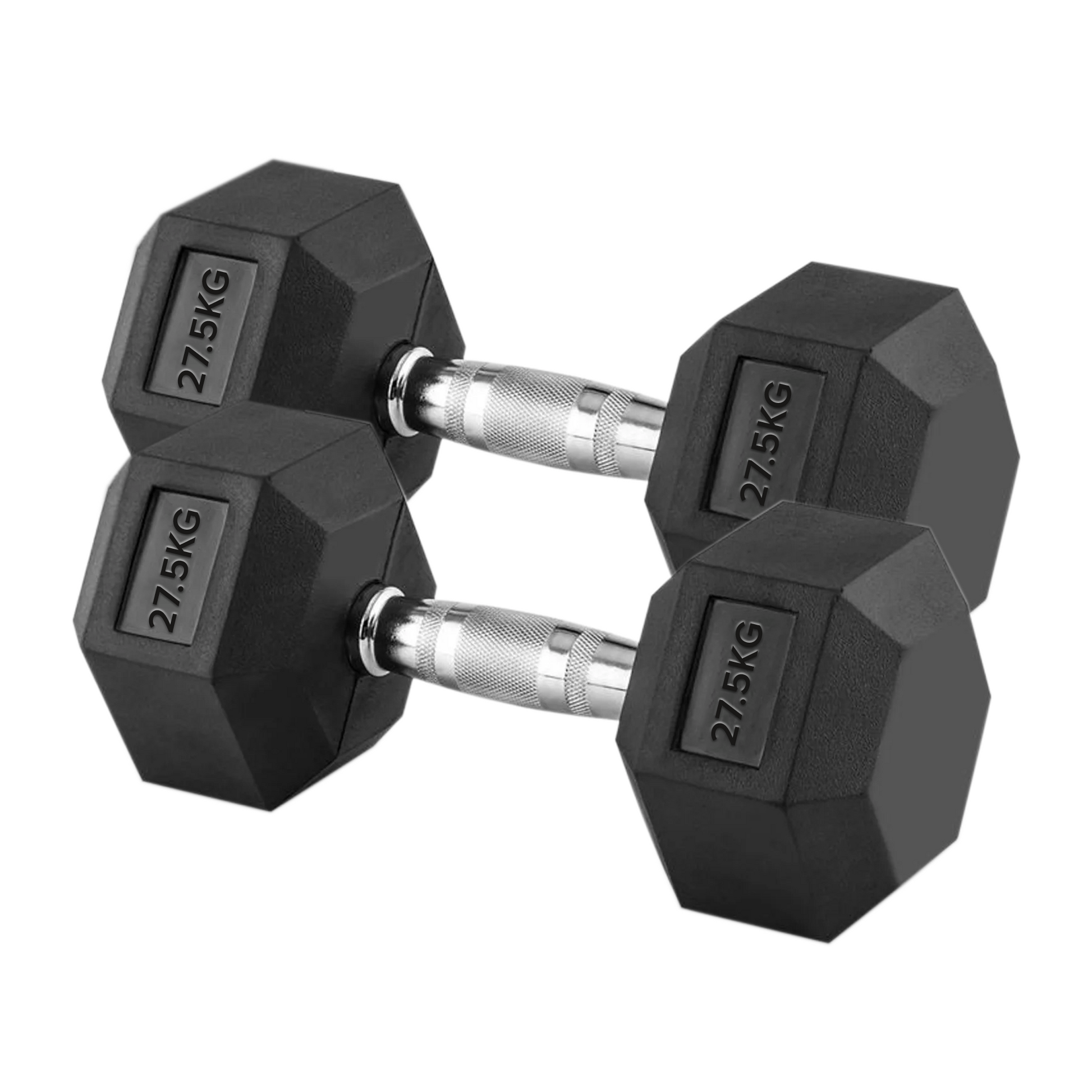 Durable Hex Dumbbell 27.5kg Pair with Rubber-Coated Heads & Chrome Grip Handles – Anti-Roll Design for Advanced Strength Training