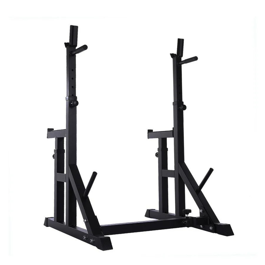 Black metal squat rack on a white background