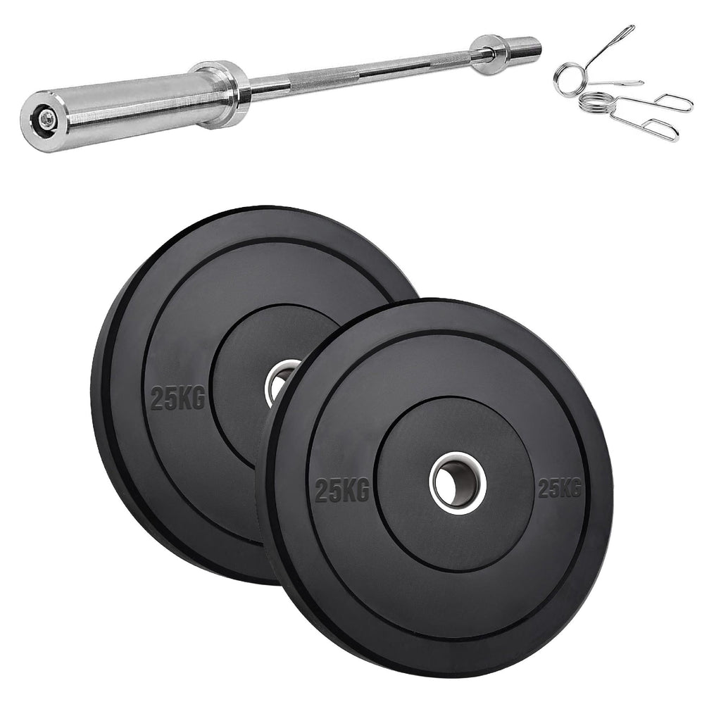 Heavy Duty Olympic Bumper Plates - Rubber Coated Weight Discs - Optional Barbells & Clips - Strength Training in Home Gyms or Garage Setups