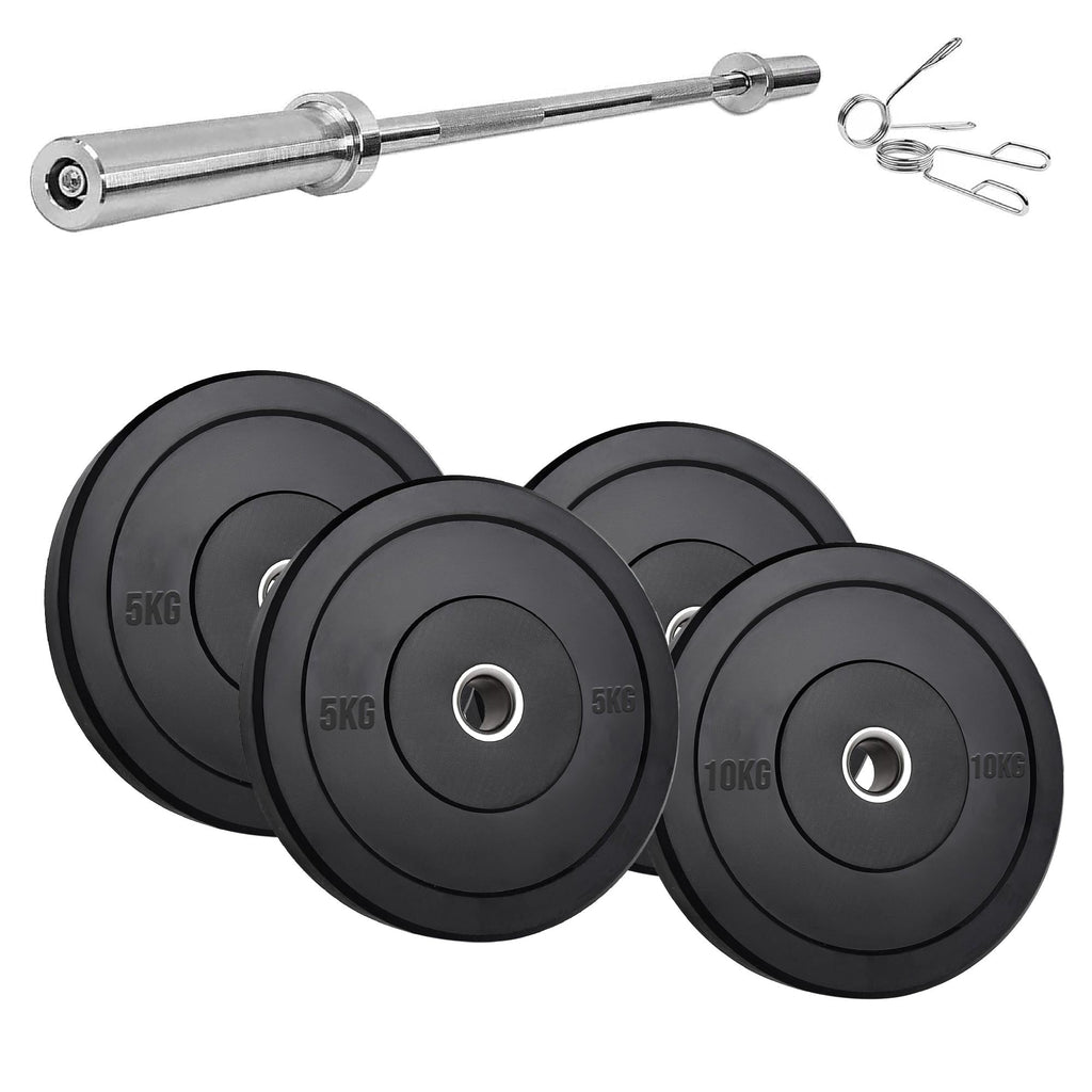 Heavy Duty Olympic Bumper Plates - Rubber Coated Weight Discs - Optional Barbells & Clips - Strength Training in Home Gyms or Garage Setups