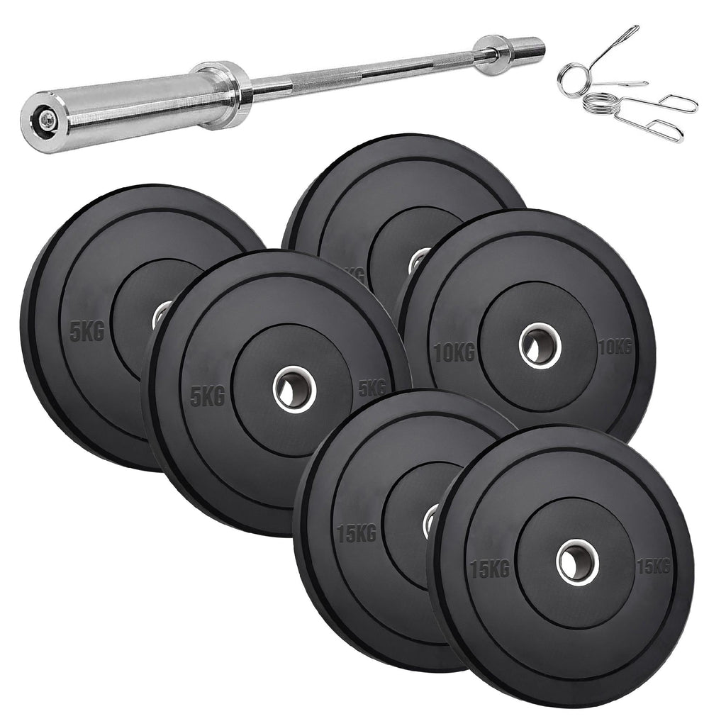 Heavy Duty Olympic Bumper Plates - Rubber Coated Weight Discs - Optional Barbells & Clips - Strength Training in Home Gyms or Garage Setups