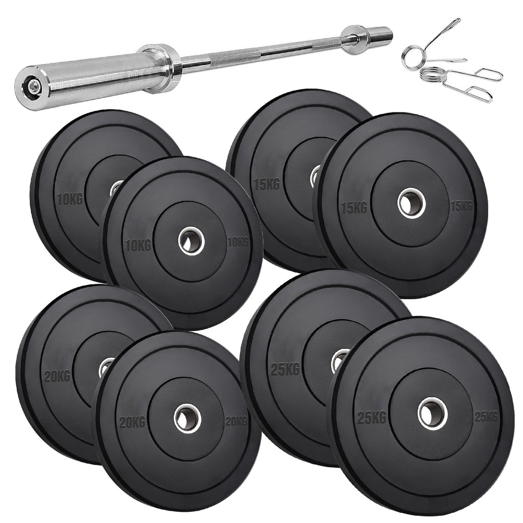 Heavy Duty Olympic Bumper Plates - Rubber Coated Weight Discs - Optional Barbells & Clips - Strength Training in Home Gyms or Garage Setups