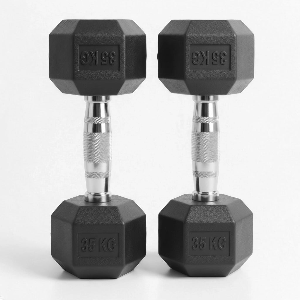 Pair of black hexagonal dumbbells with 35 kg markings on a white background