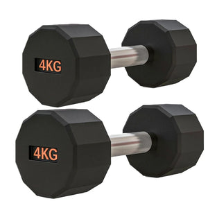 Pair of black hexagonal dumbbells with '4KG' marking on a white background