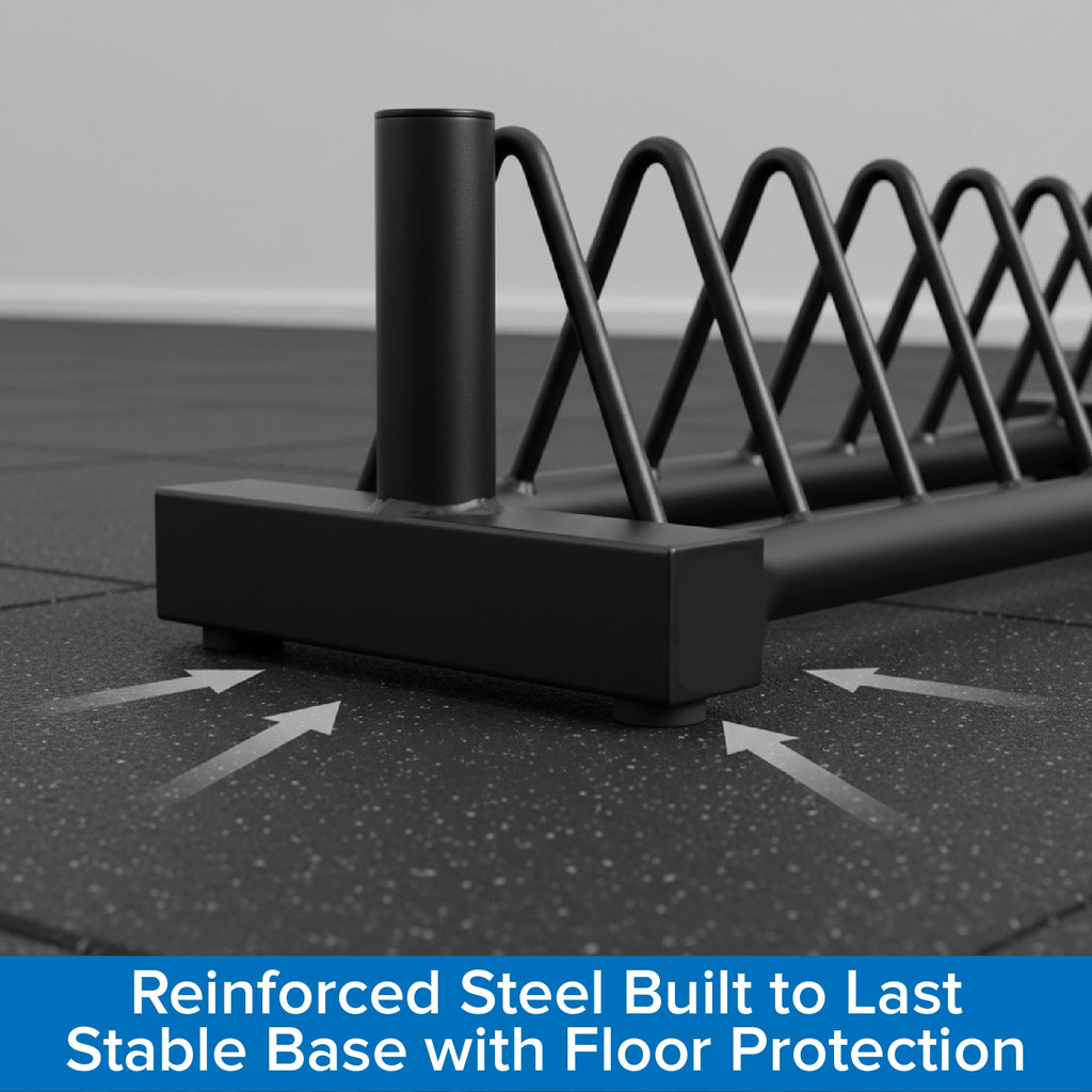 Black metal security barrier with floor protection on a tiled floor.