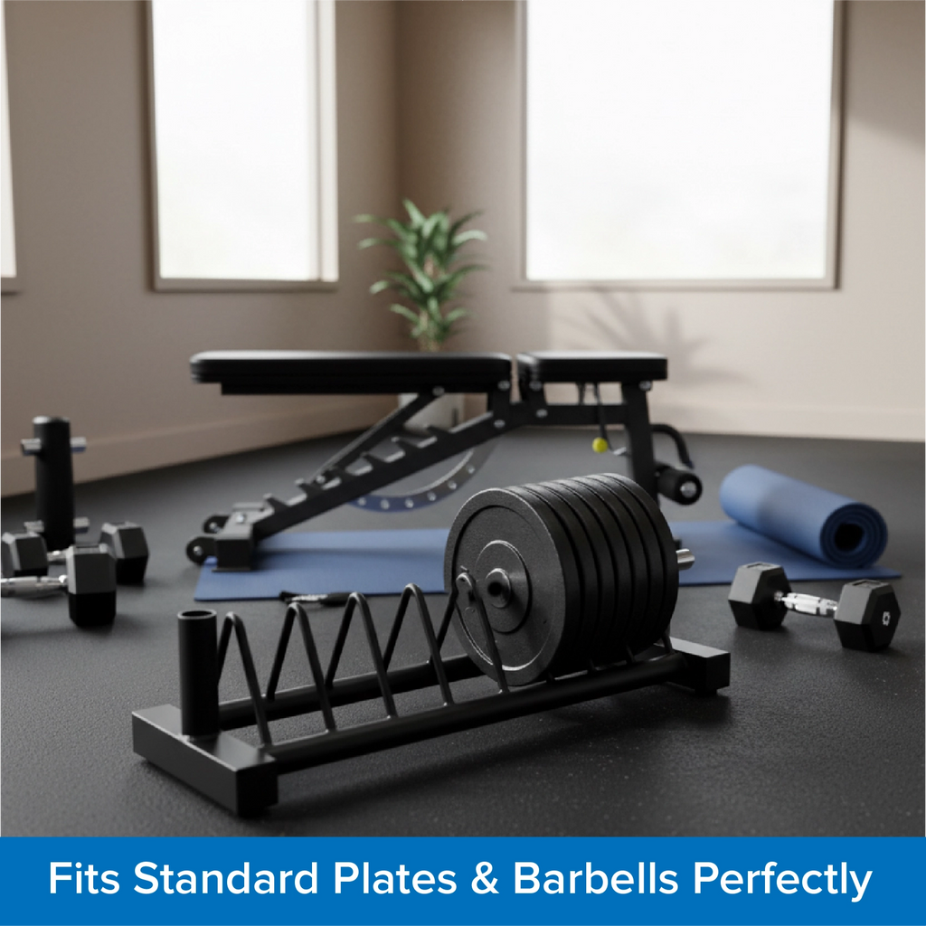 Home gym setup with weight plates, barbell, and bench in a room.