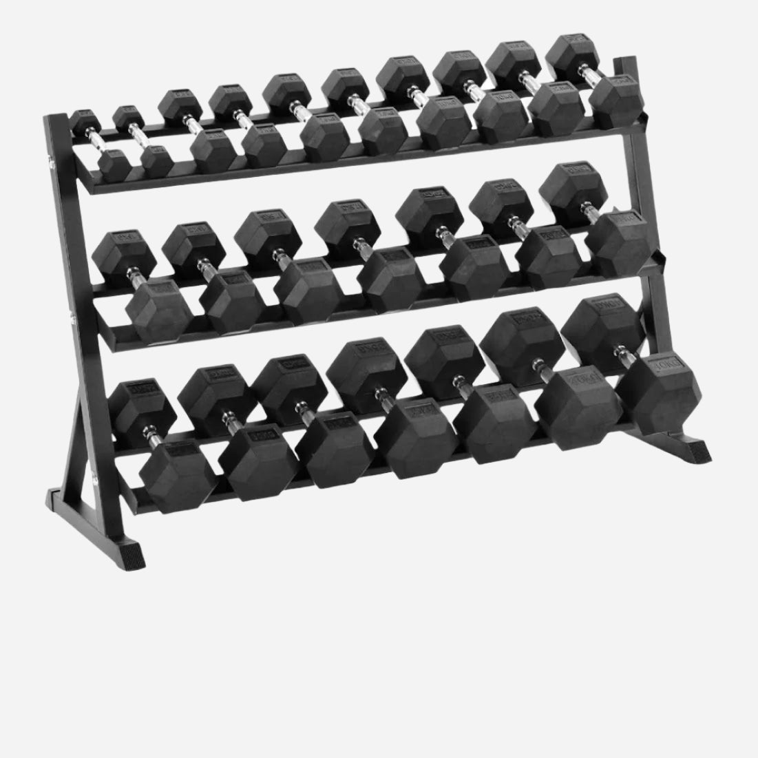 Hex Dumbbell Set 11 Pairs 2.5kg–30kg with Optional Layer 3 Rack – Rubber-Coated Anti-Roll Cast Iron Weights with Chrome Handles for Home & Studio Gym Strength Training