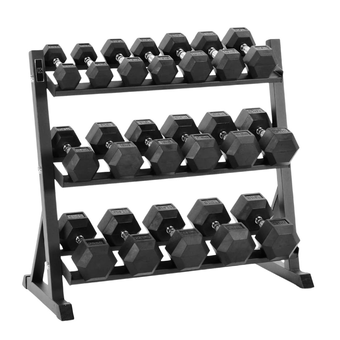 Hex Dumbbell Set 11 Pairs 2.5kg–30kg with Optional Layer 3 Rack – Rubber-Coated Anti-Roll Cast Iron Weights with Chrome Handles for Home & Studio Gym Strength Training