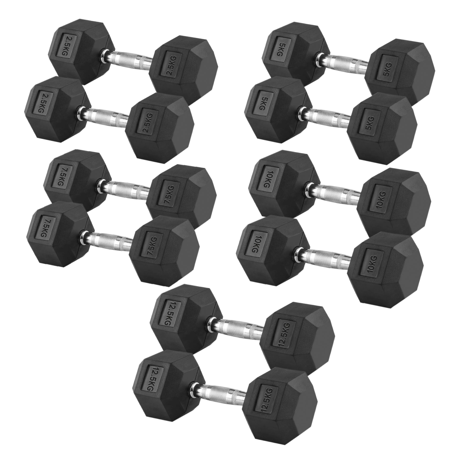Hex Dumbbell Set 5 Pairs 2.5kg–25kg with Optional Tier 5 Rack – Rubber-Coated Cast Iron Hex Weights with Knurled Chrome Handles for UK Home Gym Strength Training