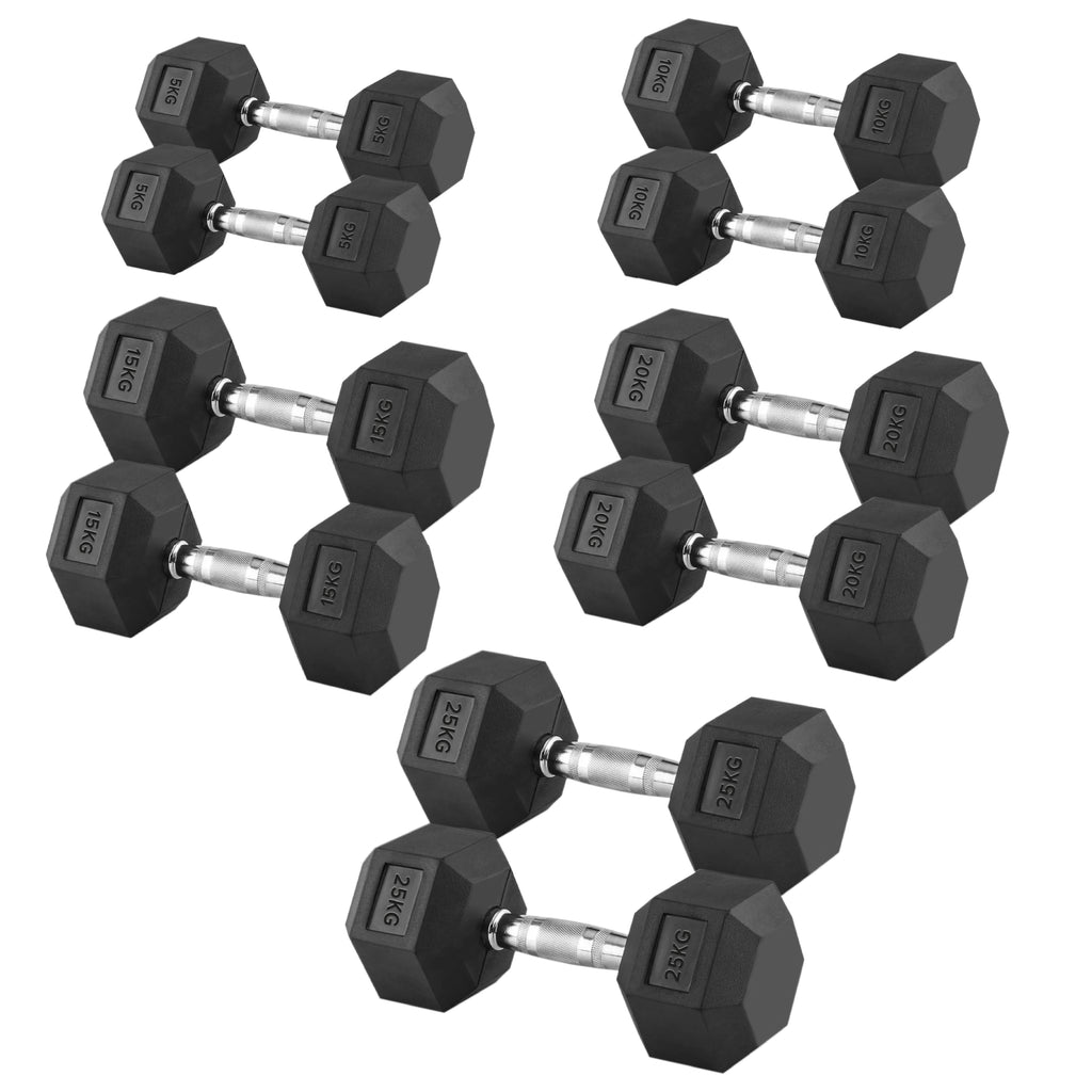 Hex Dumbbell Set 5 Pairs 2.5kg–25kg with Optional Tier 5 Rack – Rubber-Coated Cast Iron Hex Weights with Knurled Chrome Handles for UK Home Gym Strength Training