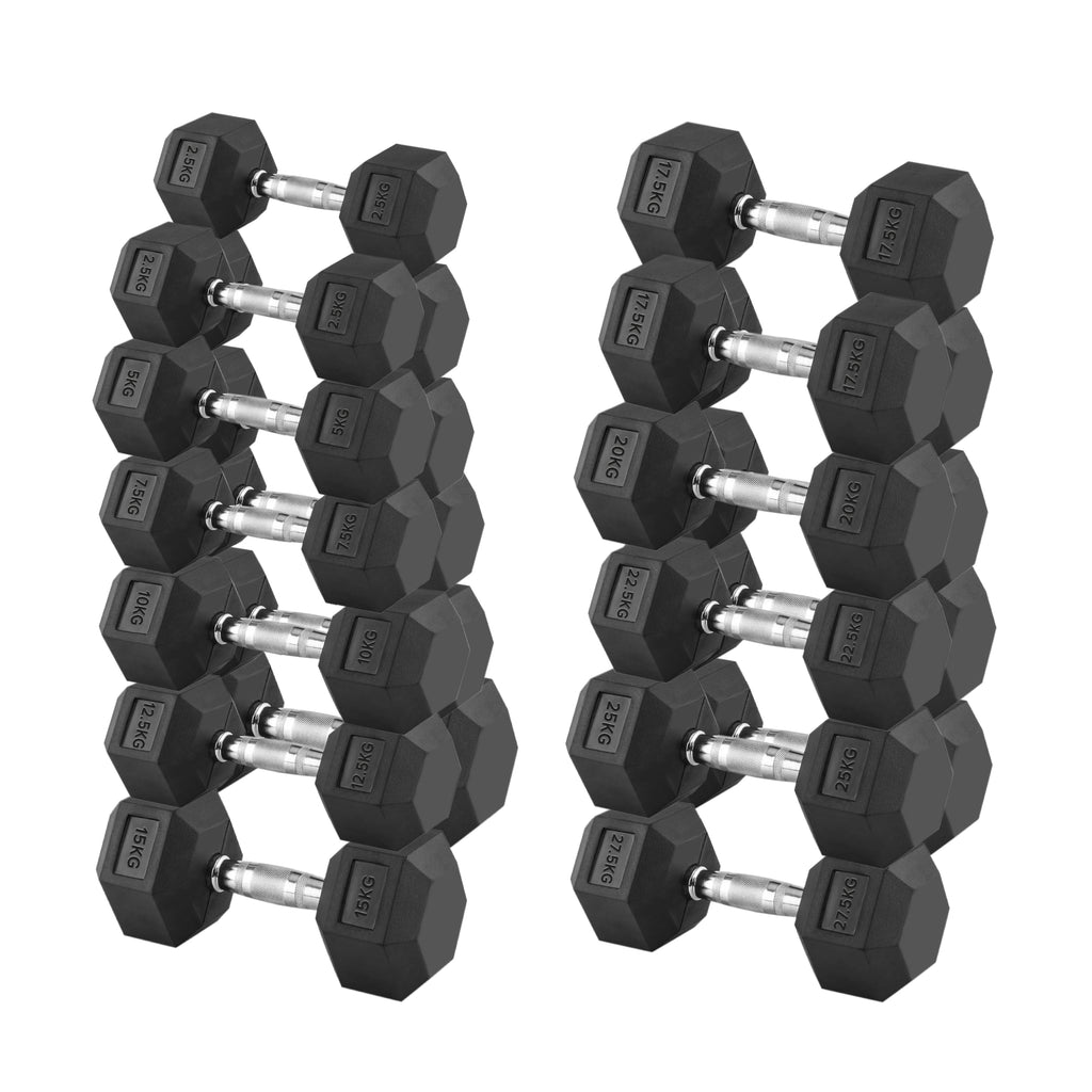 Hex Dumbbell Set 11 Pairs 2.5kg–30kg with Optional Layer 3 Rack – Rubber-Coated Anti-Roll Cast Iron Weights with Chrome Handles for Home & Studio Gym Strength Training