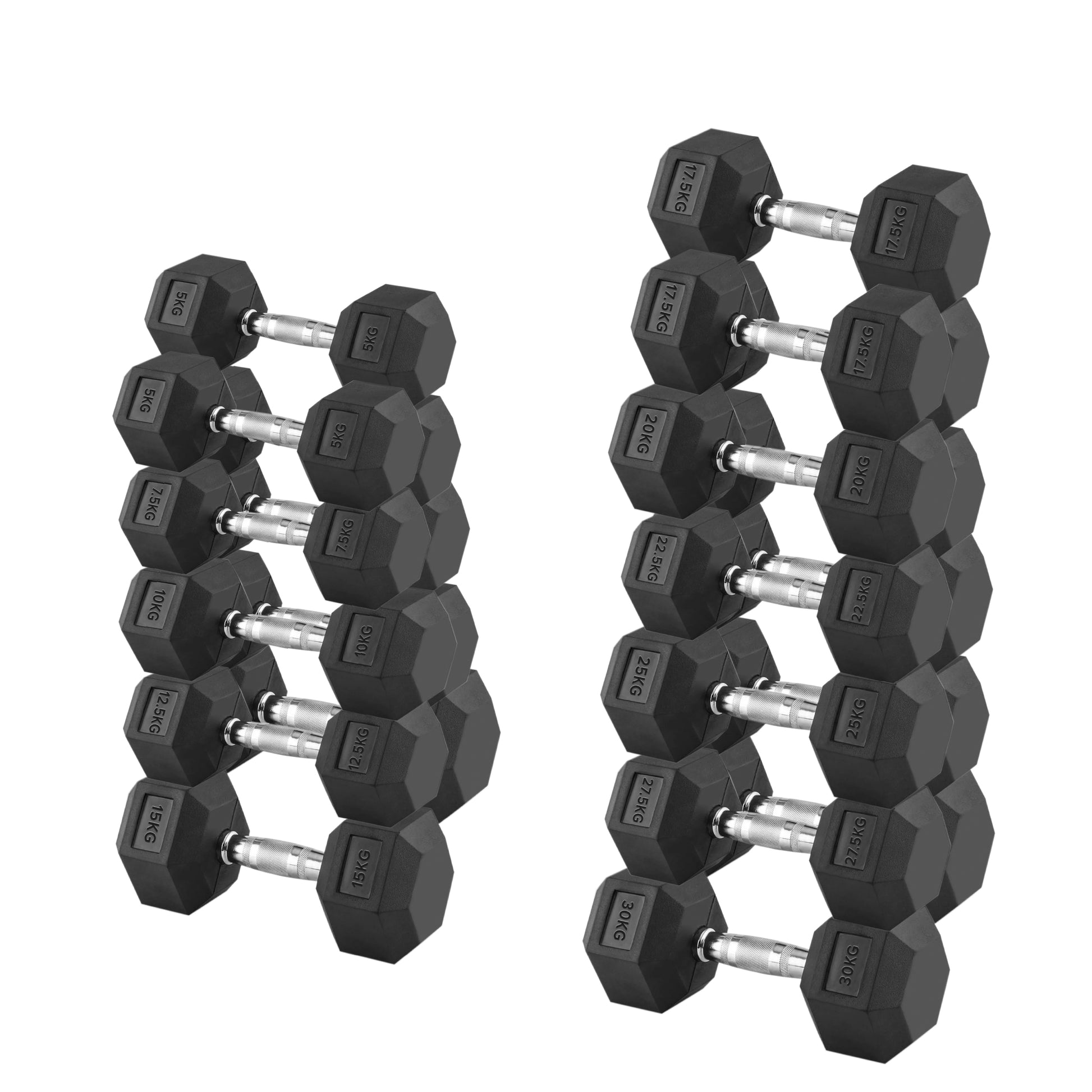 Hex Dumbbell Set 11 Pairs 2.5kg–30kg with Optional Layer 3 Rack – Rubber-Coated Anti-Roll Cast Iron Weights with Chrome Handles for Home & Studio Gym Strength Training