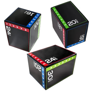 Three black exercise cubes with varying heights on a white background