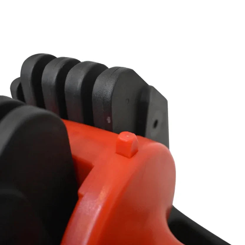 Close-up of a coiled black cable with an orange handle on a white background