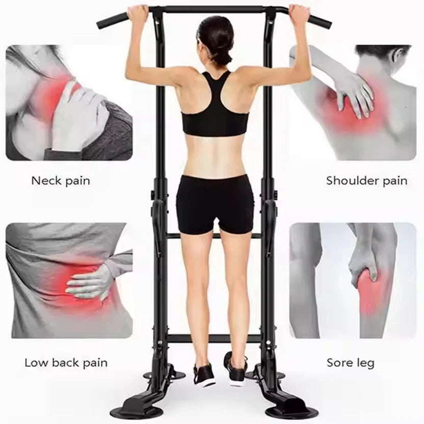 Woman using a pull-up bar with insets showing pain points on body parts.