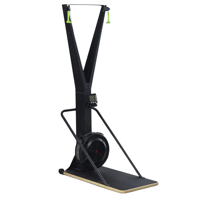Black rowing machine on a white background