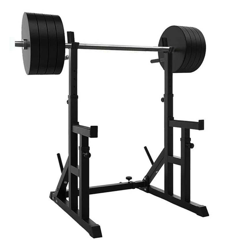 Black weightlifting power rack with barbell on a white background