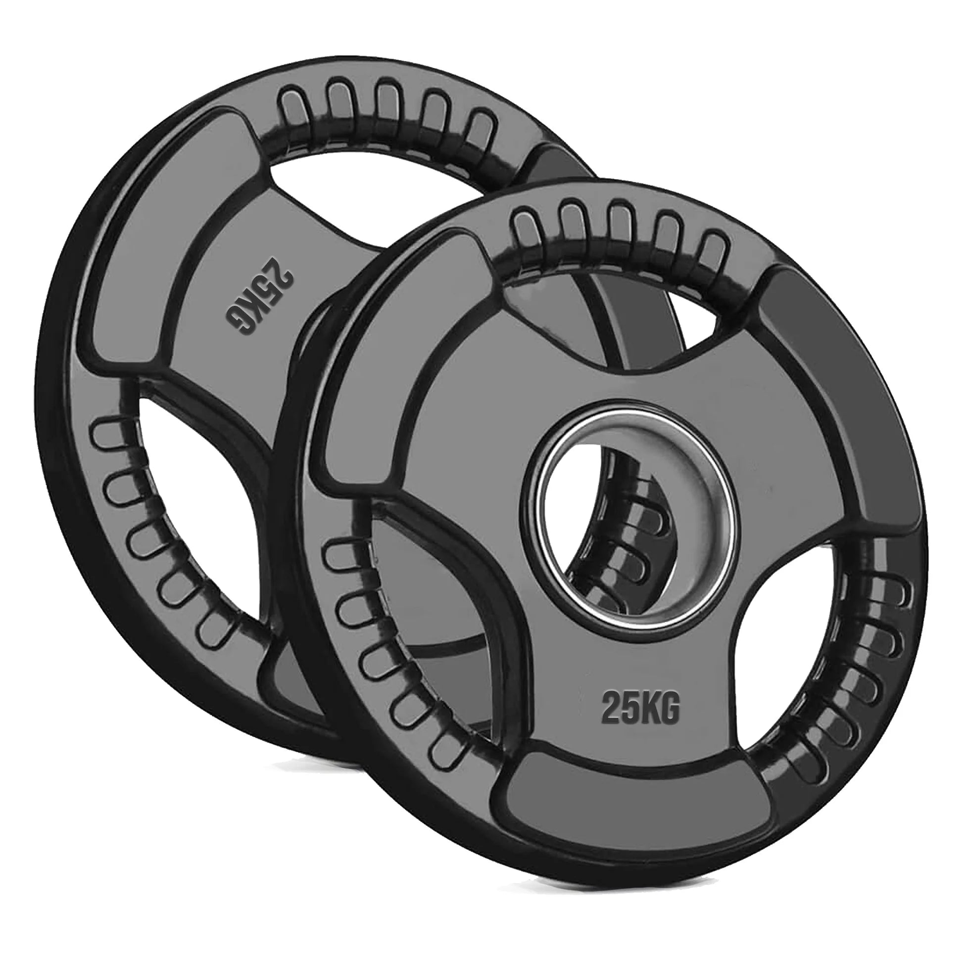 Two 25kg weight plates on a white background