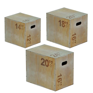 Three wooden boxes with varying sizes and measurements on a white background