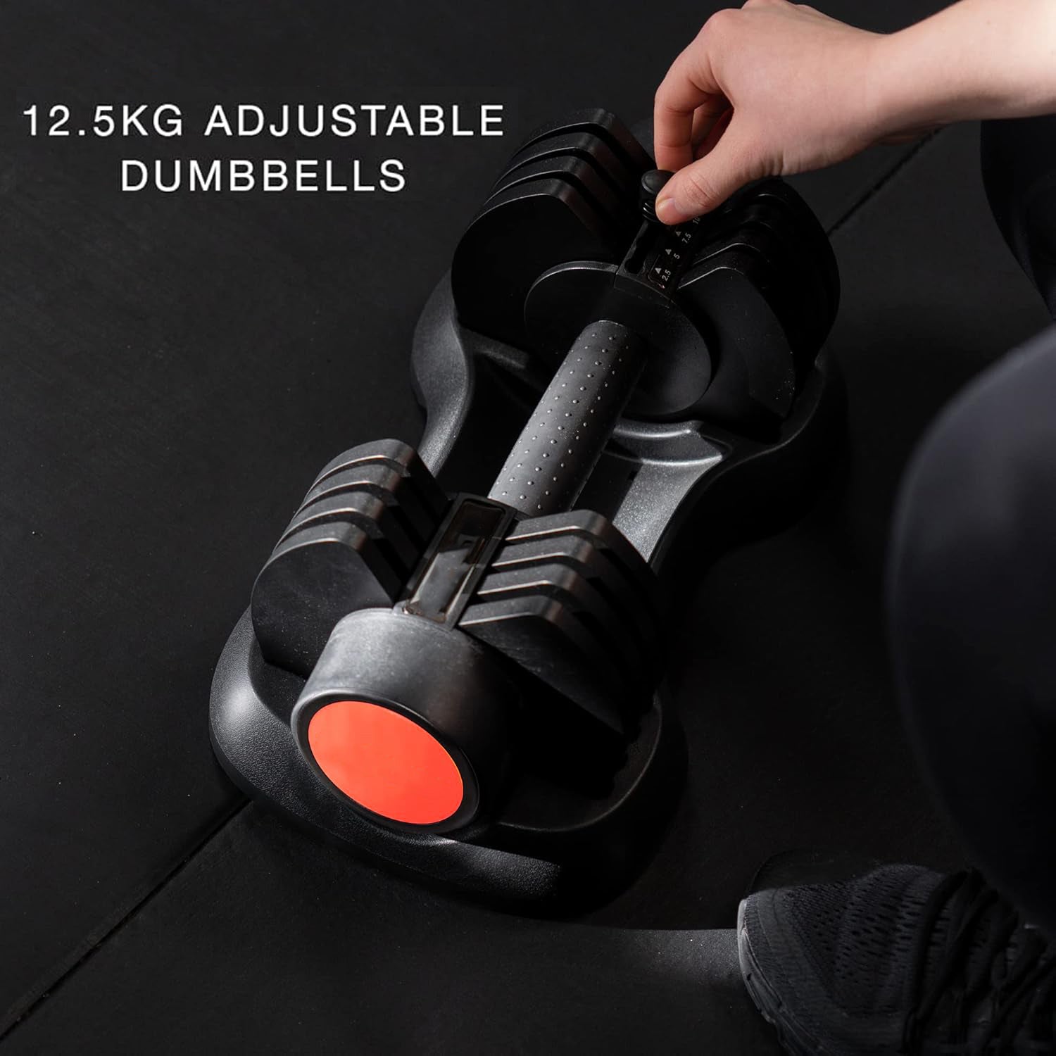 EliteFit 5‑in‑1 Adjustable Dumbbell Pair (2.5–12.5 kg) – Rubber-Coated Cast Iron, Safety Lock, Compact Strength Training for Home Gym & Studio