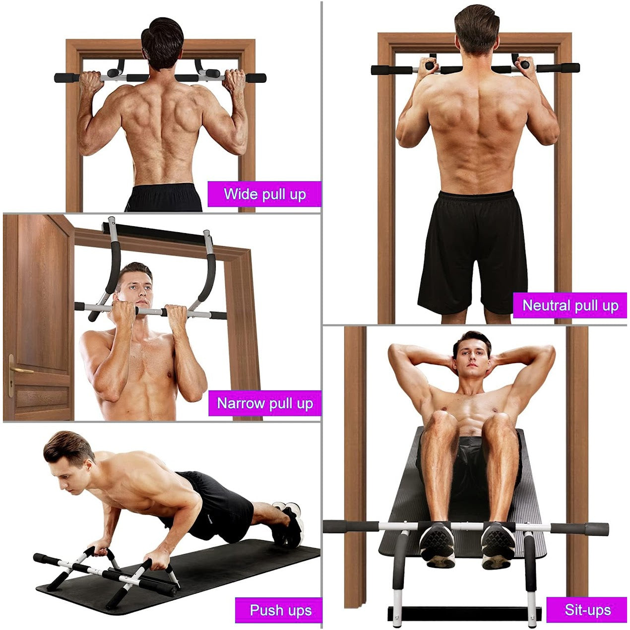 Home Gym Pull-Up & Chin-Up Bar | Foldable Heavy Duty Doorway Trainer with Padded Multi-Grip Handles | Fits 61–81 cm Frames | Black & Grey