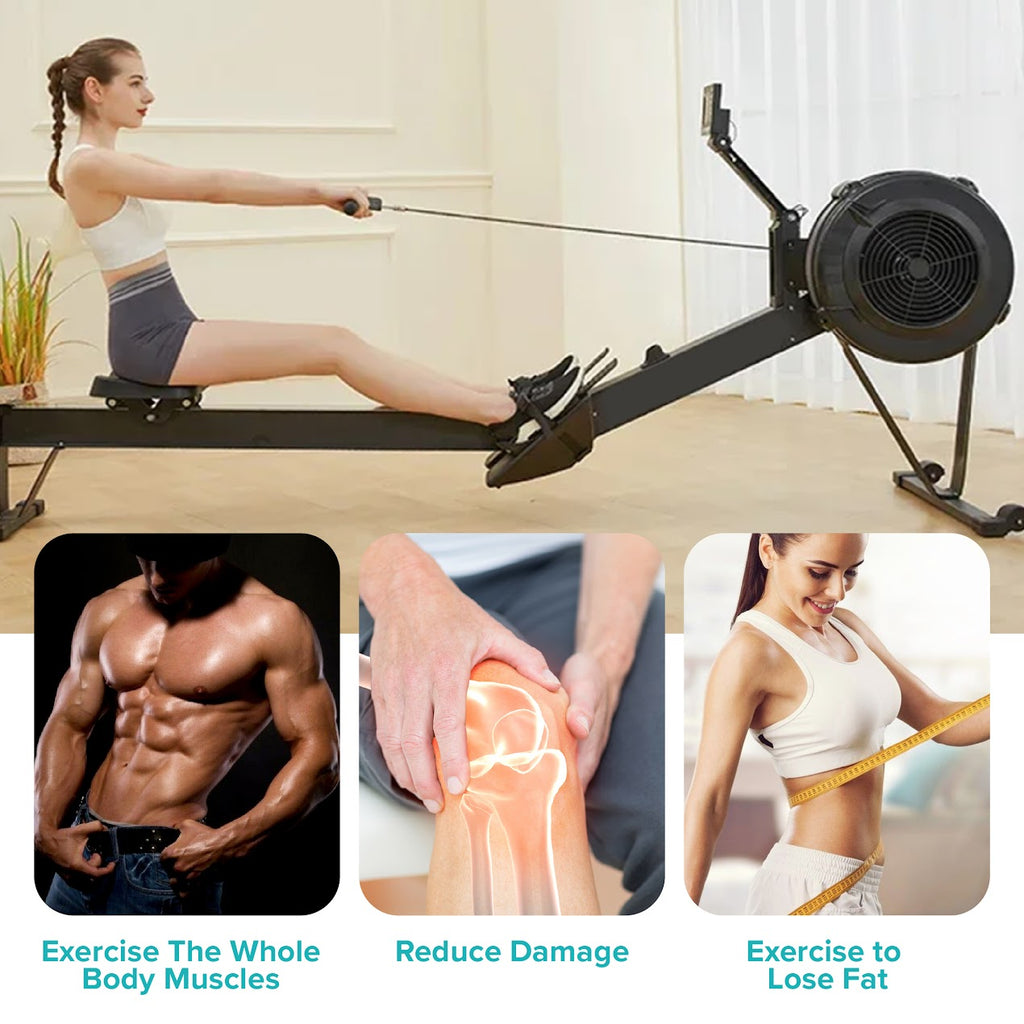 Full-Motion Air Resistance Rower – 10-Level Silent Rowing Machine with Foldable Aluminum Rail, LCD Monitor & Cushioned Seat for Home Cardio & Strength Traininge Cardio & Strength Training