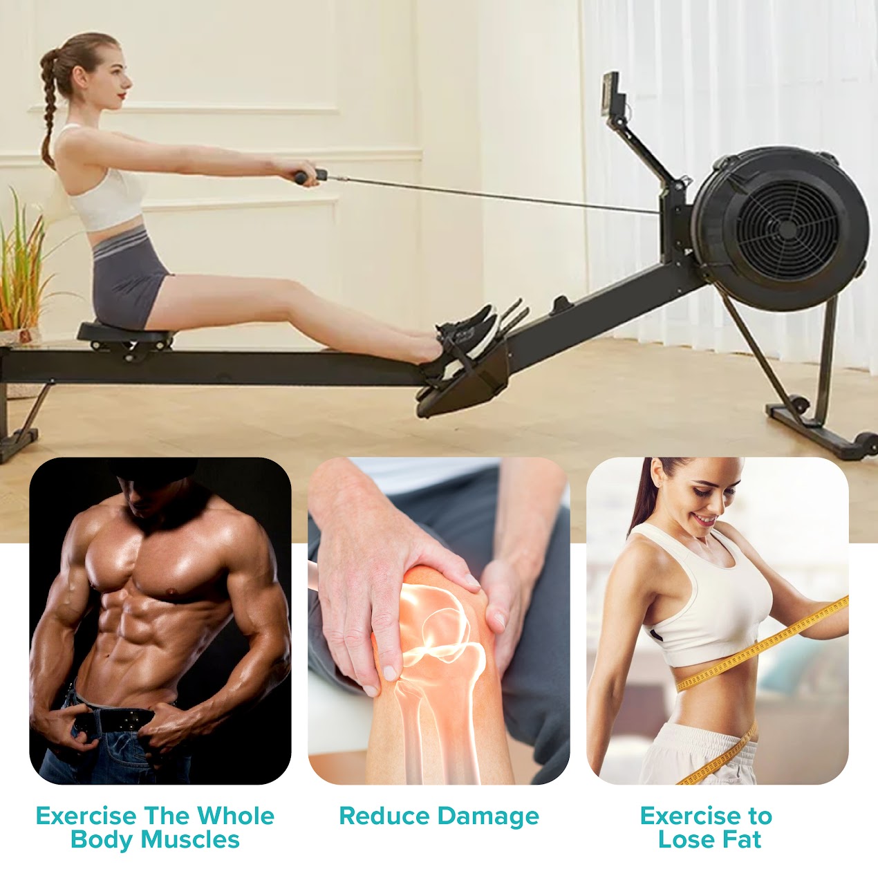 Full-Motion Air Resistance Rower – 10-Level Silent Rowing Machine with Foldable Aluminum Rail, LCD Monitor & Cushioned Seat for Home Cardio & Strength Traininge Cardio & Strength Training