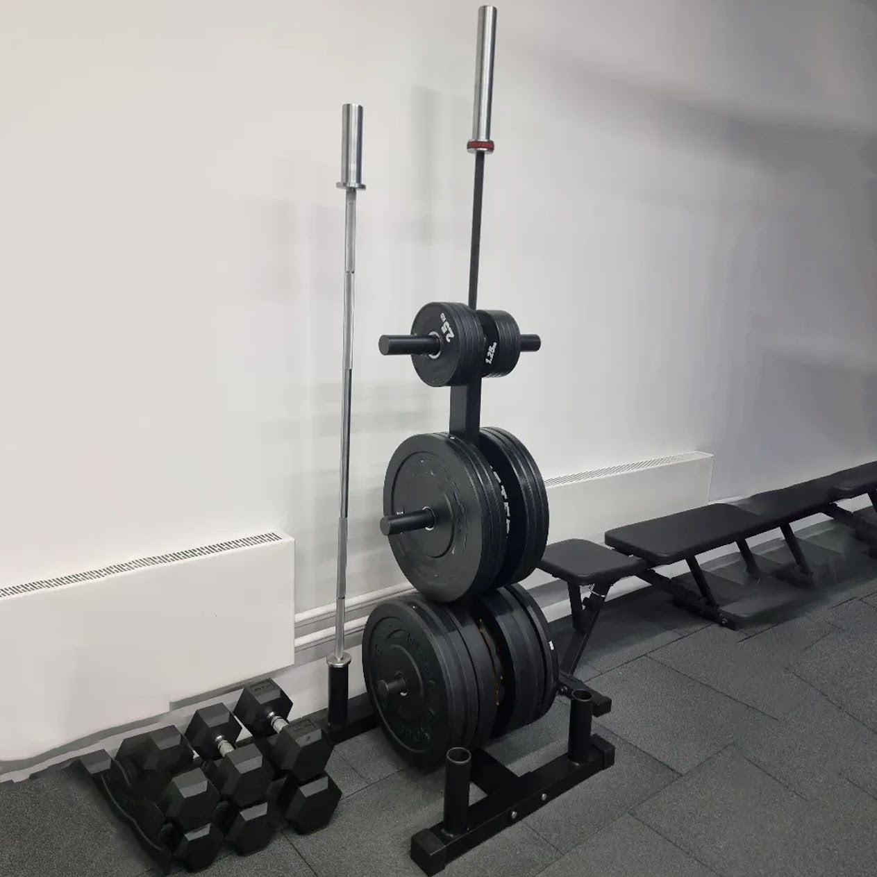 3-Tier Olympic Weight Plate Rack with Barbell Holder – Heavy-Duty, Scratch-Resistant Steel Tree Stand, 200 kg Capacity for Compact Home Gym Storage