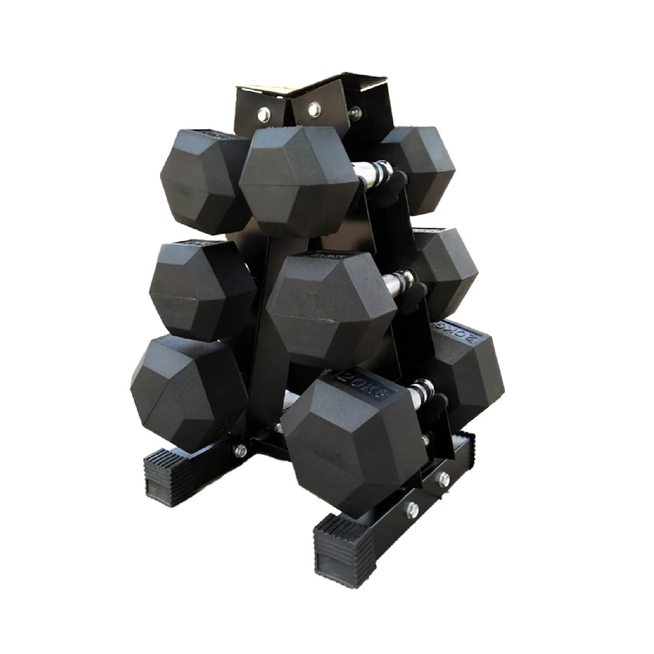 Hex Dumbbell Set 3 Pairs (2.5kg–15kg) with Optional Tier 3 Vertical Rack – Rubber-Coated Cast Iron Weights, Anti-Roll, Chrome Handles – Compact Home Gym Kit